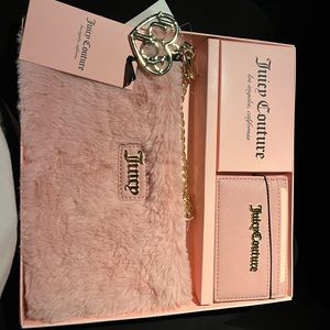Pink furry wristlet and card case